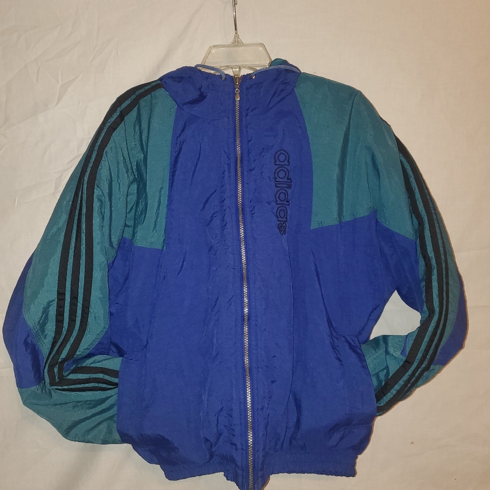 Vintage 90s Adidas Colorblock Windbreaker Jacket - Blue & Teal Track Coat